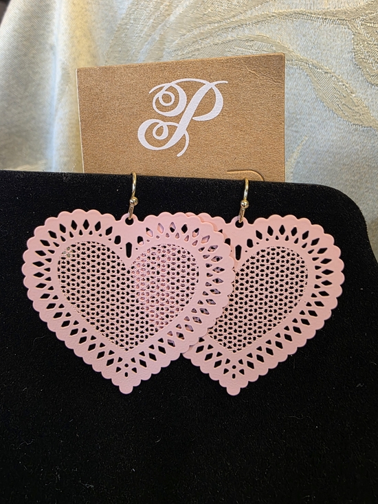 Plunder Jewelry - #69 Plunder Pink Heart Cutout Lace Drop Earrings